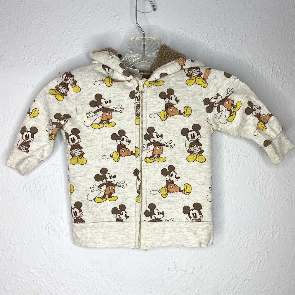 Disney Jr. Mickey Mouse zip up sherpa lined hoodie in oatmeal, boy's 18M.